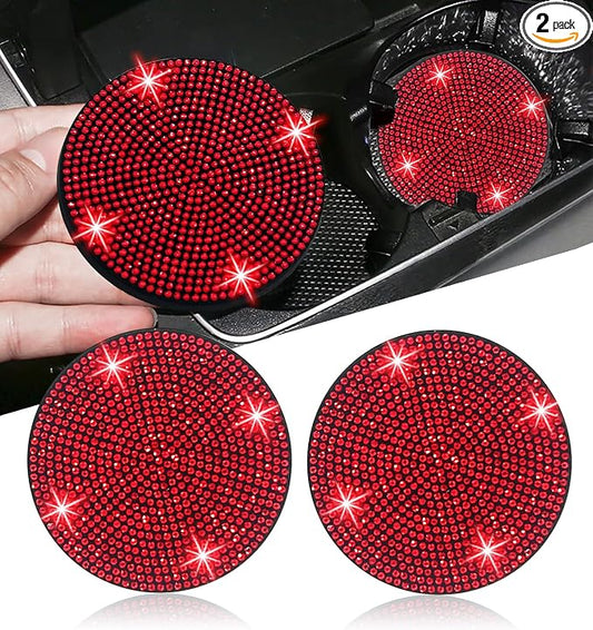 NBTEPEM 2pcs Bling Car Cup Holder Coaster, 2.75 inch Anti-Slip Shockproof Universal Fashion Car Coasters Insert Bling Crystal Rhinestone Automotive Interior Accessories for Women (2 pcs, Red)