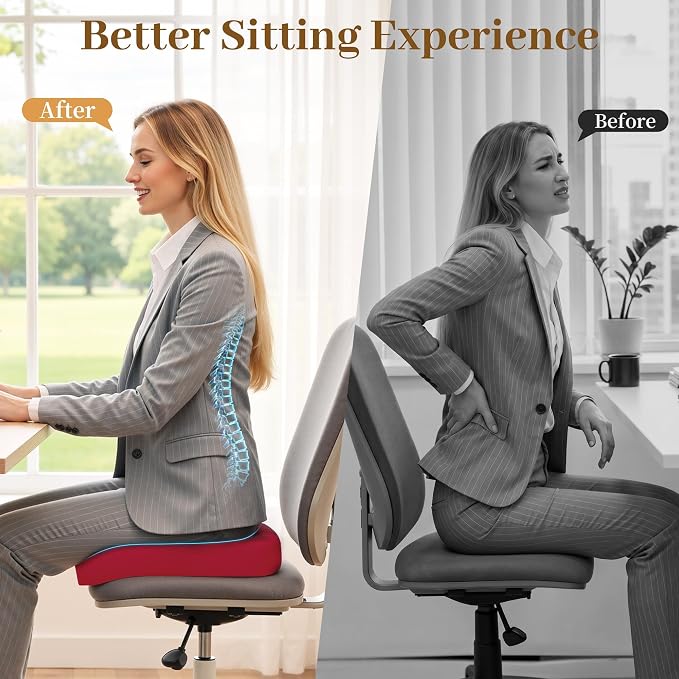 TranquilRelax 2XL Seat Cushion, Memory Foam Cushion for Long Sitting Hours on Office Chair, Car Seat, Non-Slip Chair Pad for Sciatica, Coccyx, Tailbone Pain Relief & Post-Surgery Recovery (Red)