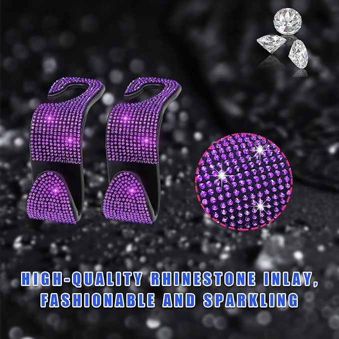 Ohleats 2 PCS Bling Car Seat Headrest Hooks, Crystal Rhinestone Back Seat Hanging Storage Organizer, Vehicle Seat Hanger Holder for Purse Handbag Coat, Interior Car Accessories (Purple)