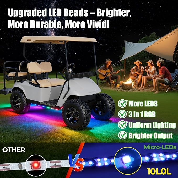 10L0L Golf Cart Underglow Light Kit with Canopy Lights, IP67 Waterproof, 24 Dream Color Modes Wireless Remote Music Sync, 12V-80V Wide Voltage Fit for Yamaha EZGO Club Car