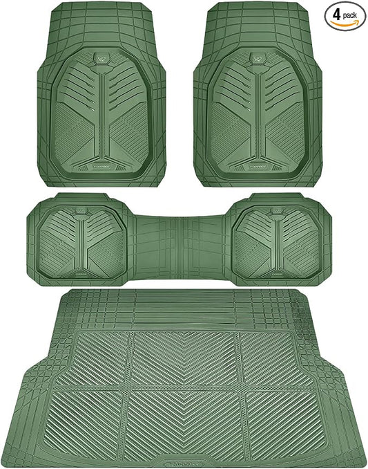 CAR PASS Heavy Duty Rubber Car Mats with Cargo Liner, Deep-Dish Car Floor Mats and Trunk Mat All Weather, Universal Trim-to-Fit for SUVs Trucks Sedans, Waterproof Anti-Slip, Trimmable V12 Olive Green