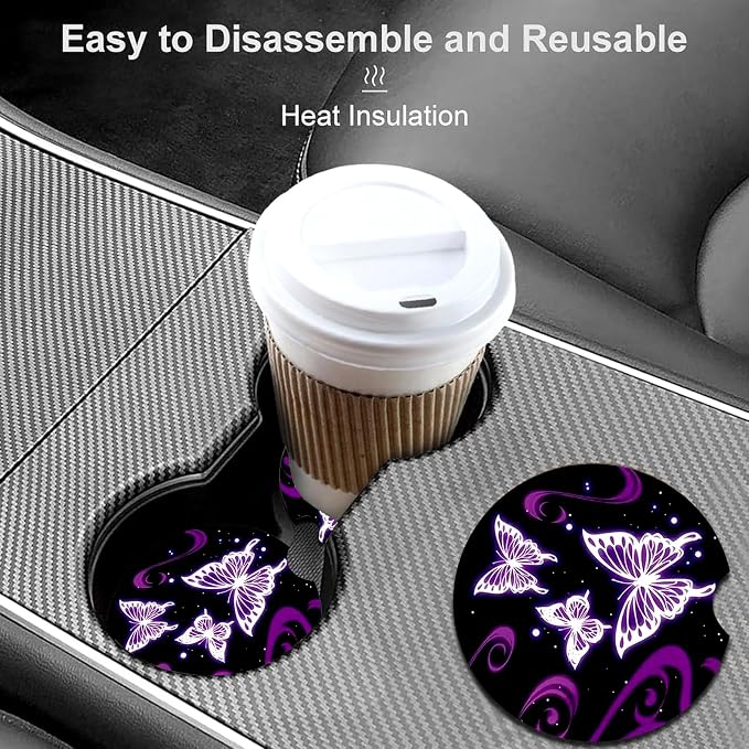2 Pack Butterfly Car Cup Holder Coasters Universal Neoprene Coasters | 2.75" Universal Size Anti Slip Rubber Mat, Auto Cup Holder Accessories for SUV Truck, Butterfly Gifts for Women Mom