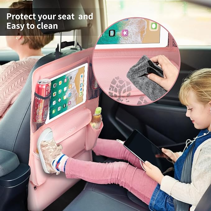 LUCMO Car Backseat Organizer with Touch Screen Tablet Holder, Pink | 9 Storage Pockets,Clear Tablet Holder,Protectors Kick Mats,Travel Accessories,Seat Cover,Road Trip Essentials