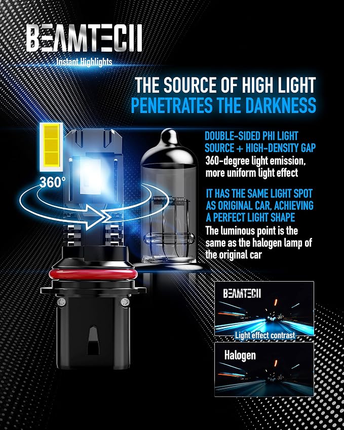 BEAMTECH Bulb, 9007 Light Bulbs Powersports, 6500K Fanless in Line, of 2 | Windless, Directly Insert, 1:1 Size, 50,000hrs+ Lifespan, Hi/Low