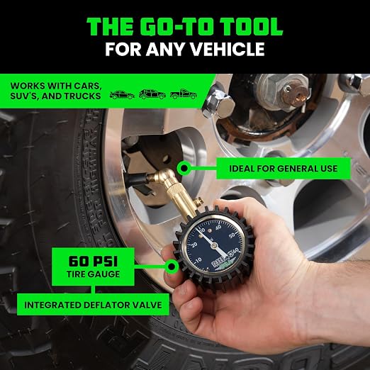 Rhino USA Heavy Duty Tire Pressure Gauge (0-60 PSI) - Certified ANSI B40.1 Accurate, Large 2" Easy Read Glow Dial, 360 Swivel Head, Solid Brass Hardware, Best for Any Car, Truck, Motorcycle, RV