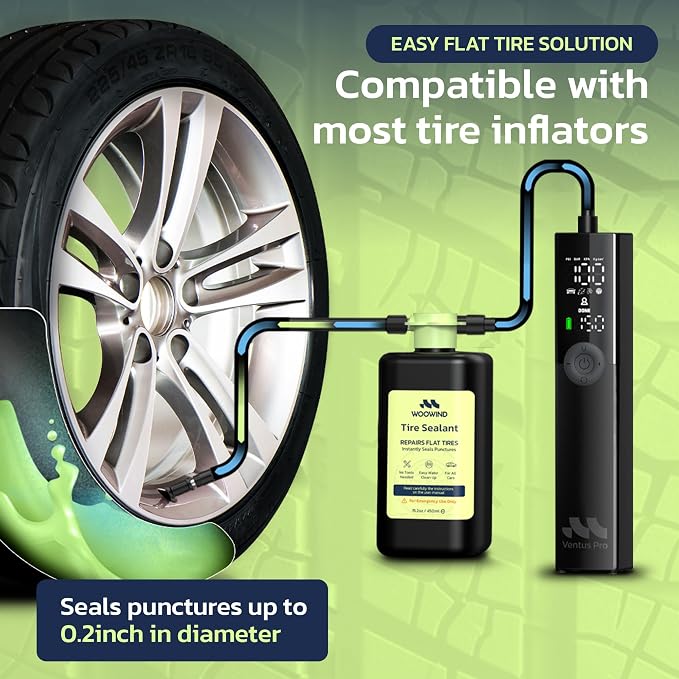 Woowind Tire Sealant Pro Car Tire Sealant, Instant Flat Tire Repair Kit | 15.22oz – Seals Punctures Up to 0.236 Inch for Cars, Trucks & SUVs, Drive 125mi, TPMS Safe, All-Weather, Tire Inflator Needed