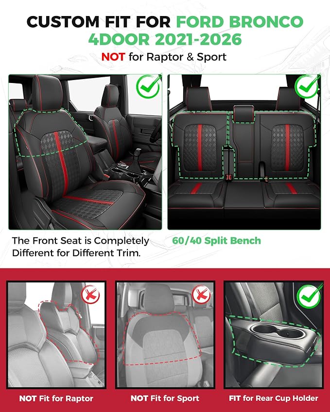 Custom Fit Leather Seat Covers for 2021-2026 Ford Bronco 4 Door | OEM fit, premium waterproof leather, full coverage, anti-slip, storage pockets, long-term durability, airbag compatible