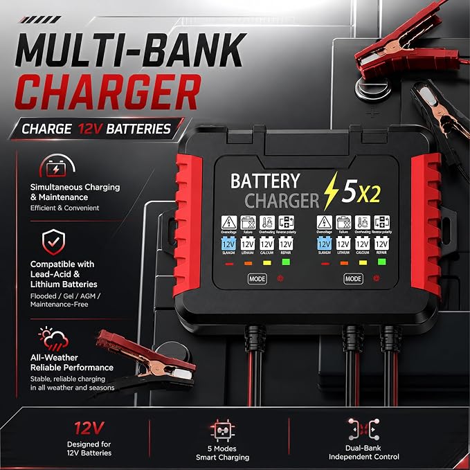 12V 2-Bank Onboard Battery Charger, 10A 5A Per Channel IP68 Waterproof Charger, 6-Stage Trickle Charger with Battery Maintainer & Desulfator for AGM Lithium Calcium Battery for Car RV Boat