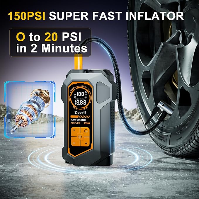 6000A Jump Starter with Air Compressor, 10-in-1 Car Jumper Starter Portable, 150PSI Tire Inflator/Air Pump, LED Flashlight for Up to 10.0L Gas / 8.0L Diesel Engines