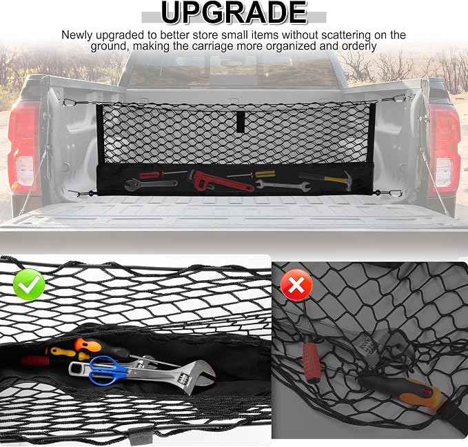 Amiss Truck Bed Cargo Net with Bottom Organizer, Compatible with Toyota Tacoma 2005-2025 2026, Portable Storage for Pickup Cargo and Heavy Duty Hook, Exterior Accessories for Car SUV Truck