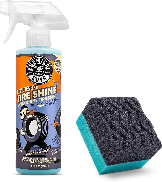 Chemical Guys Tire Kicker Sprayable Extra Glossy Tire Shine, 16 Fl Oz | With Wonder Wave applicator for cars, trucks, and SUVs, sprayable water-based tire dressing and applicator kit
