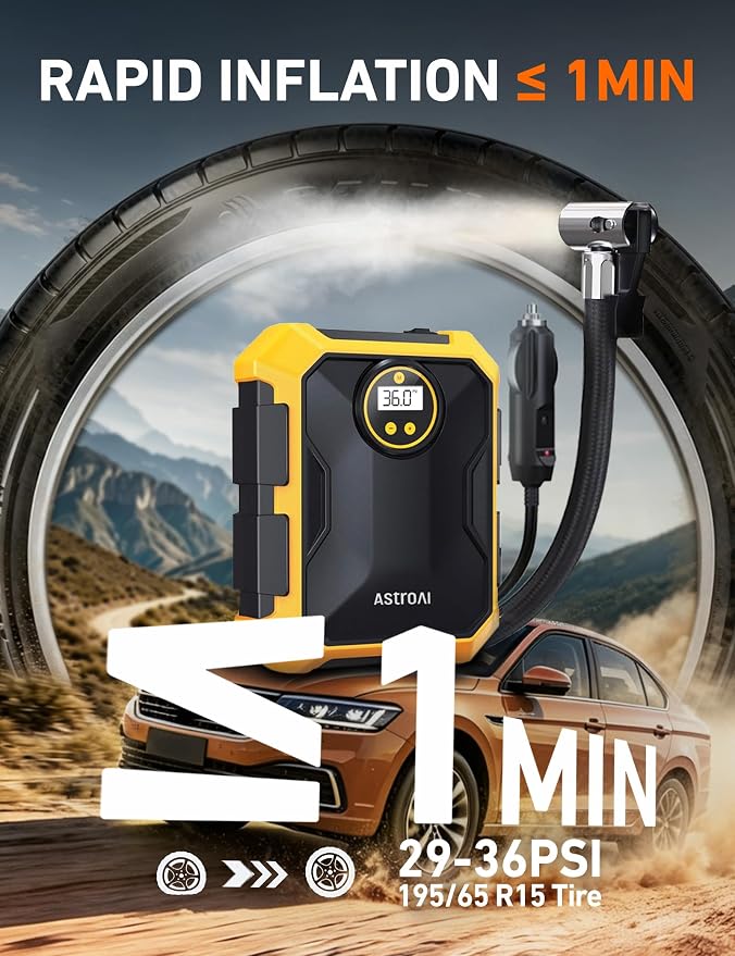 AstroAI Tire Inflator Portable Air Compressor 12V DC 100PSI, Integrated Storage, Digital Gauge, Auto Shut-Off Fast Inflation LED Light, Air Pump for Car Tires Bike Motorcycle Other Inflatables, Yellow