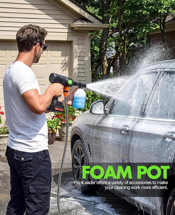 PoolLeader Cordless Car Cleaning Tool with 6-in-1 Nozzle & Foam Cannon | Lightweight Portable Design, Battery Operated Cordless Car Wash Spray, Handheld Wash Machine for Car, Patio, Home -Lime Green