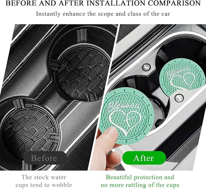 KVAEY 2 PCS Car Cup Holder Coasters, 2.76 Inch Anti Slip Vehicle Drink Mats with Cute Blessed Cross and Heart, Shockproof, Universal Car Accessories (Light Green, 2 PCS)