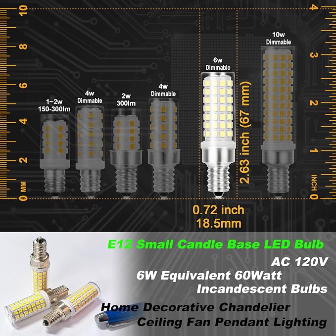 E12 LED Candelabra Bulb 6W 6000K White AC120V Dimmable T6 C7 Candle, 4 Pack | 360° Beam Angle, 600lm, Equivalent 60 Watt, No-Flicker Replace Ceiling Fan Pendant Chandelier Lighting Living Rooms