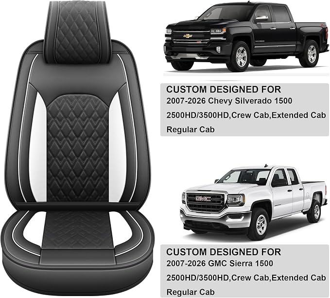 JOJOBAY Chevy Silverado Seat Covers,Leather Seat Covers for GMC Sierra,Custom Fit 2007-2026 1500 2500HD 3500HD Crew Double Extended Regular Cab,LT LZT RST Trail Boss(Full Set,Black White)