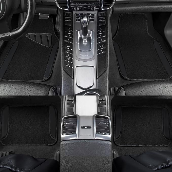 CAR PASS Waterproof Universal Fit Car Floor Mats, Faux Leather Car Carpet Mats, Black Car Mats with Anti-Slip Nibbs Backing & Driver Heel Pad Fit for SUV,Vans,sedans, Trucks,Set of 4pcs(All Black)