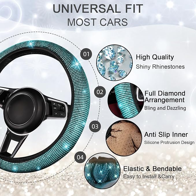 NBTEPEM 12 Pcs Bling Car Accessories Set for Women Car Floor Mats Full Set Steering Wheel Cover Seat Belt Covers Coasters Universal Fit Car SUV Truck Van Aquamarine