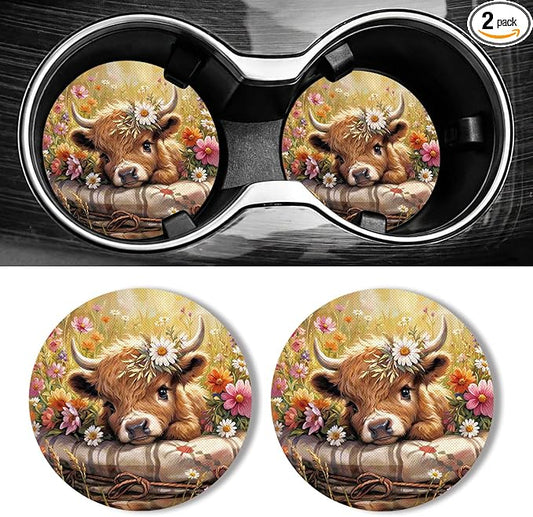 WOCOCN Car Coasters for Cup Holders - 2 Pack 2.75" Universal Rubber Car Cup Coaster, Non-Slip Waterproof Car Interior Accessories, Cute Car Decor Gifts for Women and Men (Calf)