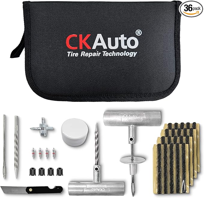 CKAuto Universal Tire Repair Kit, Professional Heavy Duty Emergency Tool | for Flat Tire Puncture Repair, 36-Piece Value Pack, Tire Plug Kit for Cars, SUVs, Motorcycles, Trucks, RVs, and More