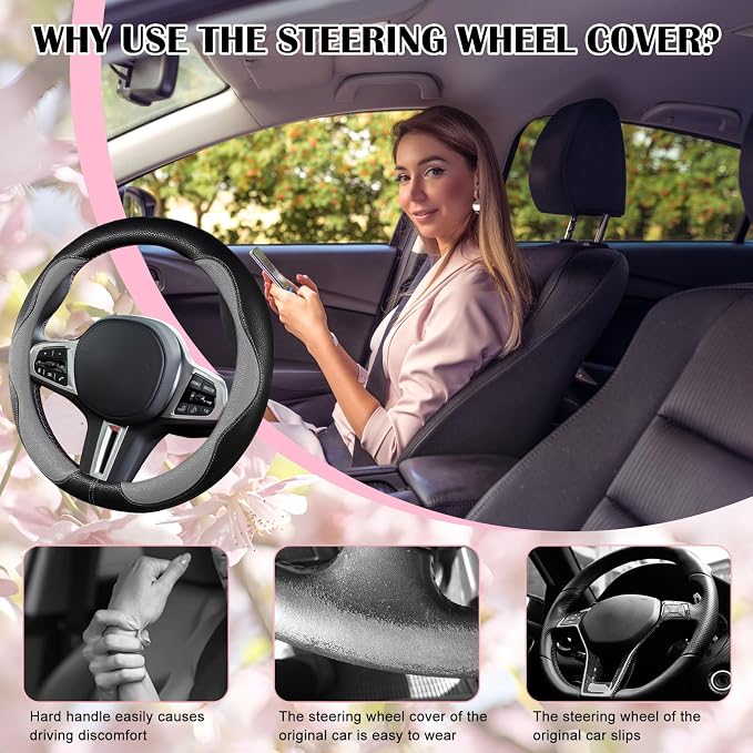 SuperKaKa Gray and Black Car Steering Wheel Cover 2025, Universal Auto PU Cute Breathable Slip-Proof Comfort Imitation Leather Protector Cars Interior Accessories for Women Men Fit Most Vehicle
