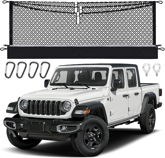 3-Layer Cargo Net for Jeep Gladiator 2020-2026, Zipper Bag Truck Bed Net for Groceries, Heavy Duty Oxford Cargo Organizer Storage Nets with Carabiners