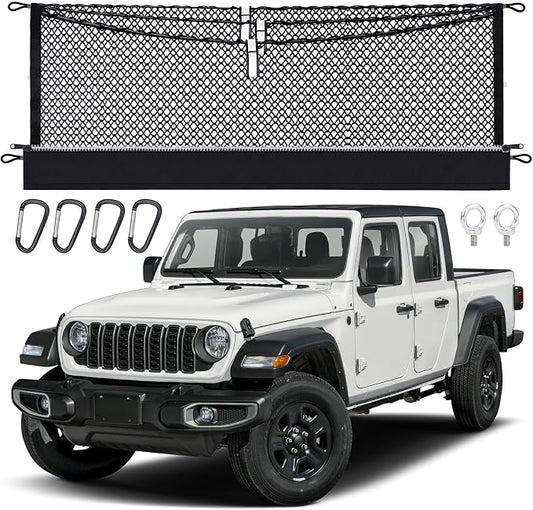 3-Layer Cargo Net for Jeep Gladiator 2020-2026, Zipper Bag Truck Bed Net for Groceries, Heavy Duty Oxford Cargo Organizer Storage Nets with Carabiners