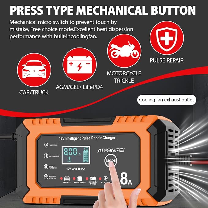 12V Battery Charger 8-Amp Smart Trickle Charger, Orange | Battery Maintainer and Desulfator, Temperature Compensation, for Car, Truck, SUV, Motorcycle, Boat, Lead Acid, LiFePO4