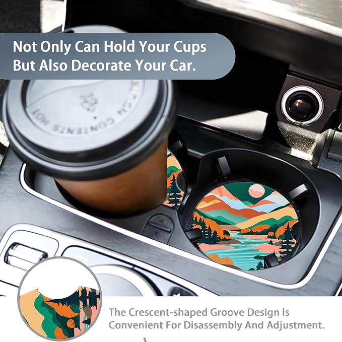 Mountain Car Cup Holder Coaster,Forest Tree Lake Sunset Car Coasters for Cup Holder,2 PCS Absorbent Insert Ceramic Car Assecories with Cork Back & Finger Notch for Women Men