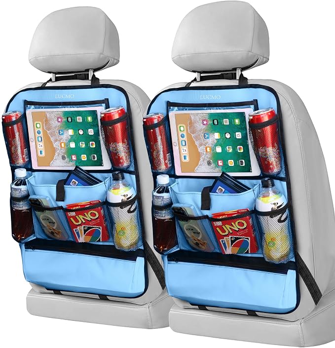 LUCMO Car Backseat Organizer with Touch Screen Tablet Holder, Light Blue | 2 Pcs,9 Storage Pockets,Clear Tablet Holder,Protectors Kick Mats,Travel Accessories,Seat Cover,Road Trip Essentials