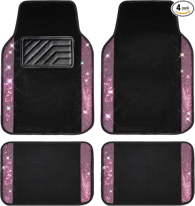 CAR PASS Bling Diamond Car Floor Mat Shining Rhinestones Carpet, Sparkly Glitter Crystal Anti-Slip PVC Heel Pad Automotive Universal Fit for SUV Sedan Car Van, 4pcs for Girl Cute Women, Black Pink