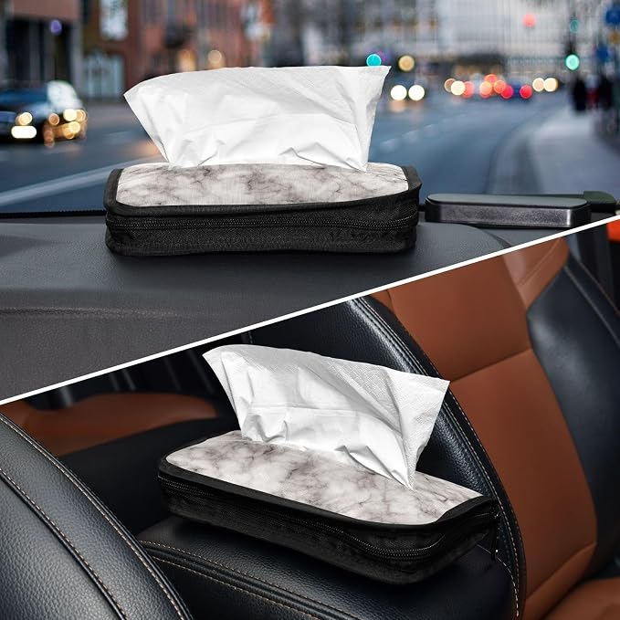 Car Tissue Holder Car Napkin Holder Car Tissue Box Dispenser Storage Case Sun Visor Mask Holder with Adjustable Straps Reusable Refillable Marble Grey