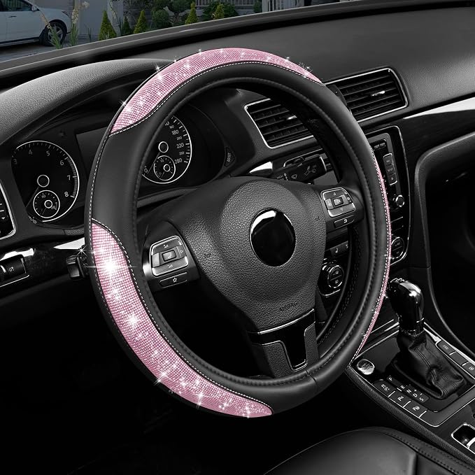 Road Comforts Pixel Glitter Steering Wheel Cover, 14.5–15 Inch Leather Steering Wheels Snug Fit, Anti-Slip Leather Grip, Elegant Sparkle Design, Universal Fit - Light Pink