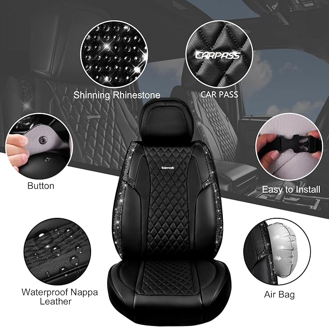CAR PASS Nappa Leather Seat Covers Front,Black Diamond Bling Car Seat Covers Front Seats Luxury Padded Waterproof,Universal Fit for Cars SUVs,Trucks,Anti-Slip,Glitter Sparkly Shining Black Rhinestone