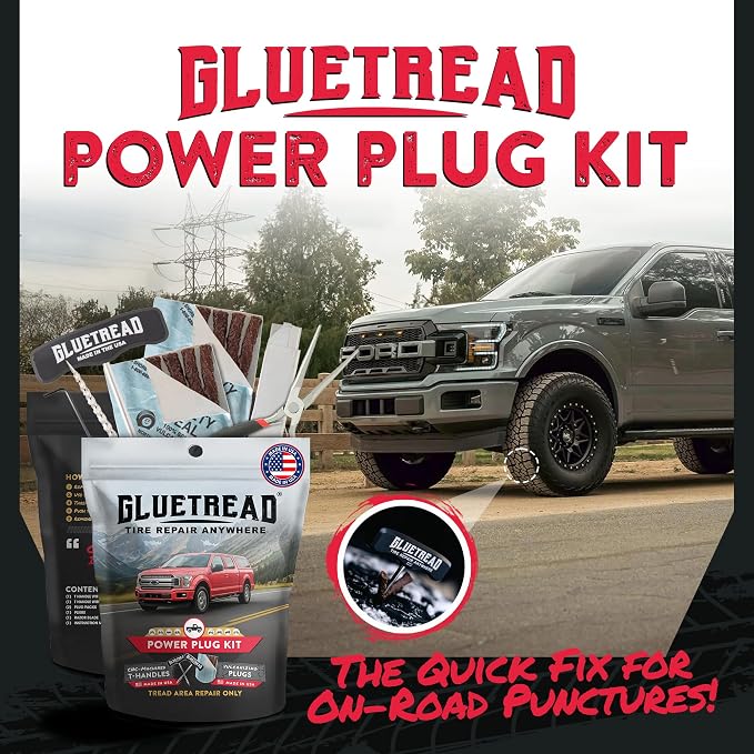 GlueTread On Road Heavy Duty Tire Plug Kit - Tire Repair Kit with Plugs - Made in USA CNC-Machined T-Handles, 10 Plugs, Pliers and Razor Blade - Flat Fix for Car, Truck and Motorcycle Tires