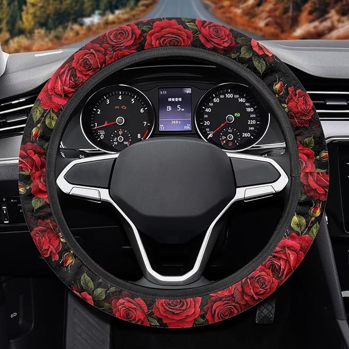 AFPANQZ 14-15 in Car Steering Wheel Cover Stretch-on Comfortable Grip | Universal Fit Most Car Sedans SUVs, Red Rose Print, Breathable Steering Wheel Protector