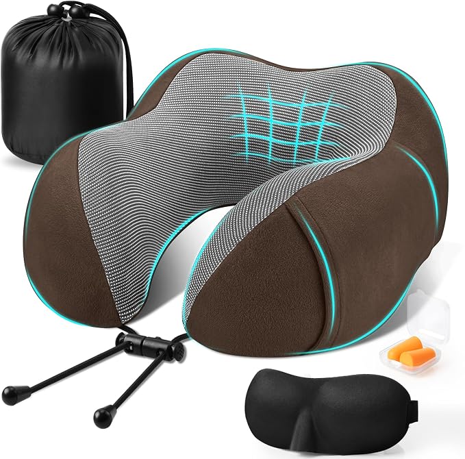 CloudBliss Travel Pillow for Plane, Memory Foam Neck Pillow for Travel, Airplane Pillow with Eye Mask, Earplugs, Storage Bag, Compact Neck Pillow for Long Flight, Car & Office, Trip Essentials, Brown