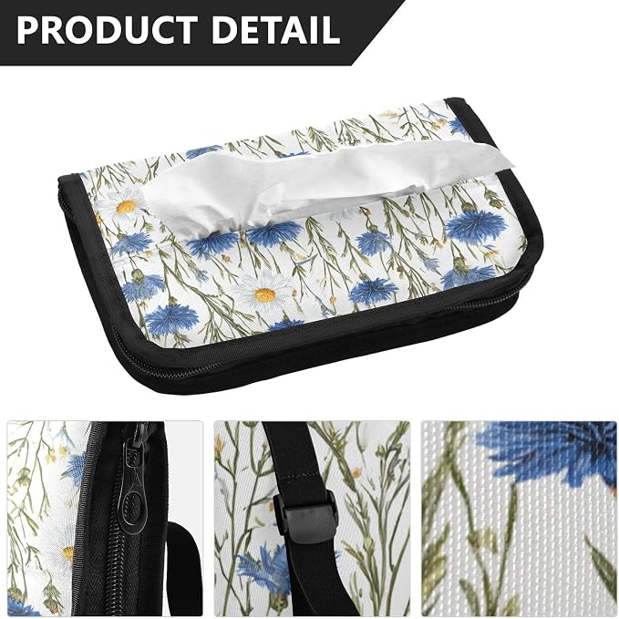 Car Tissue Holder Car Napkin Holder Tissue Box Dispenser Storage Case Sun Visor Mask Holder with Adjustable Straps Reusable Refillable Blue and White Daisy03