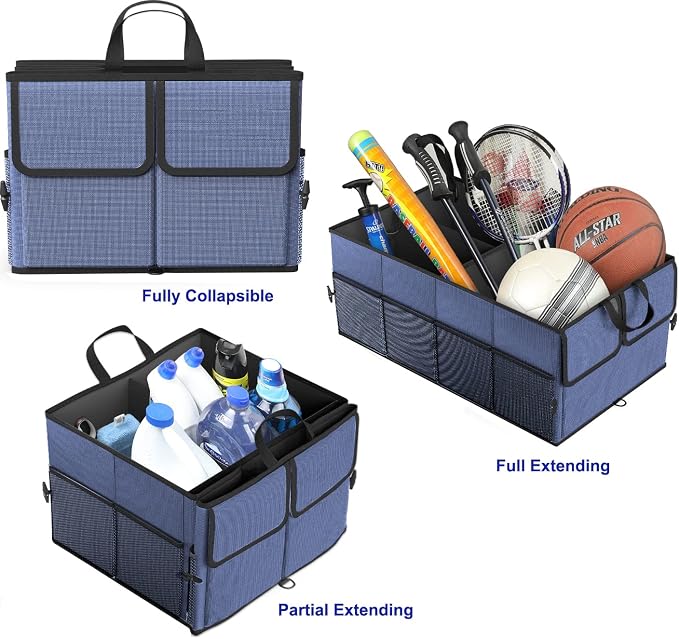 EPAuto Foldable Car Trunk Organizer for SUV, 3-Compartment, Blue | with Removable Divider, Side Pockets and Securing Straps