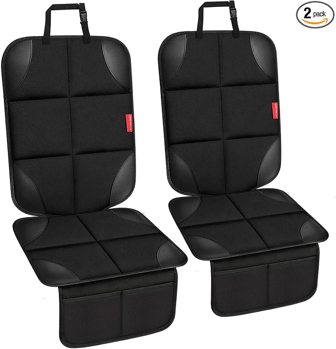 Car Seat Protector, Thick Padding and Upgraded Non-Slip Backing, 600D Waterproof Fabric Child Car Seat Cover with Mesh Pockets, No Imprints, Universal Fit for Car SUV Truck (Black 2pcs)