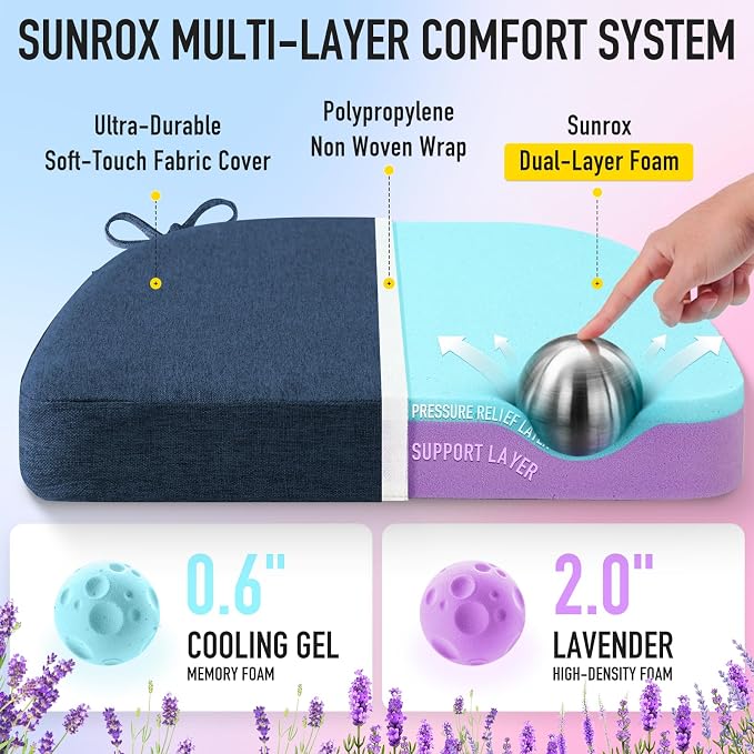 SUNROX Cooling Gel Memory Foam Chair Cushions, 2.6" Thick U-Shaped Dual-Layer Comfort Dining Chair Pads, Non Slip Seat Cushion with Ties for Indoor Kitchen Office 17"x16" Set of 8, Navy
