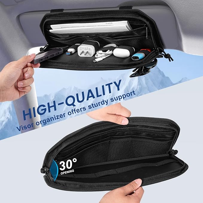 Car Sun Visor Organizer, Multi-Pocket Tactical Visor Storage with Zipper | Semi-Rigid Molle Panel Car Accessories, Sunglasses Holder Clip, for Truck, SUV, Patrols, Pickups
