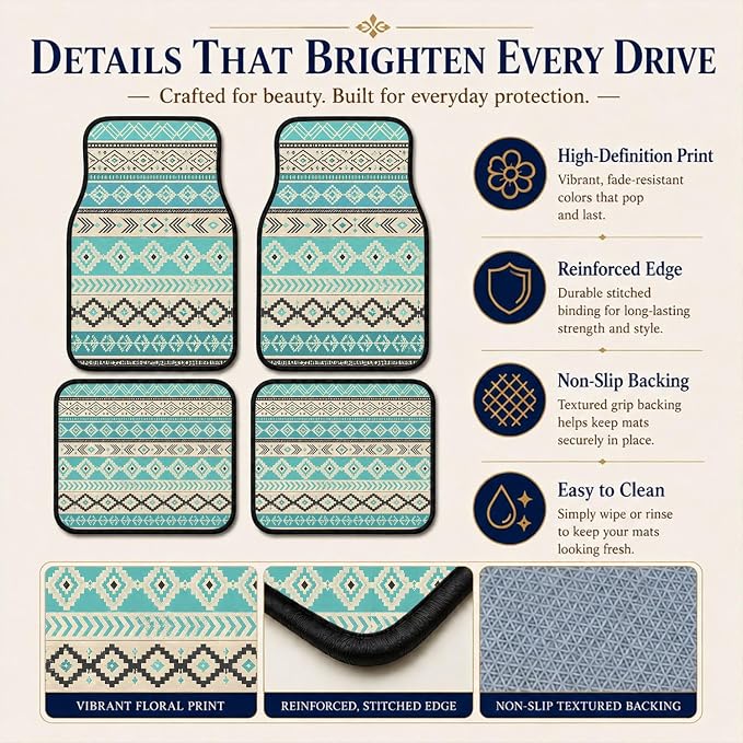 Turquoise Car Floor Mats Set of 4 Tribal Diamond Stripe Car Accessories Foot Mats Rugs, Non-Slip,Decor for Universal Fit for Suvs Sedans Trucks Cars Auto Floor Carpets Rugs All-Weather