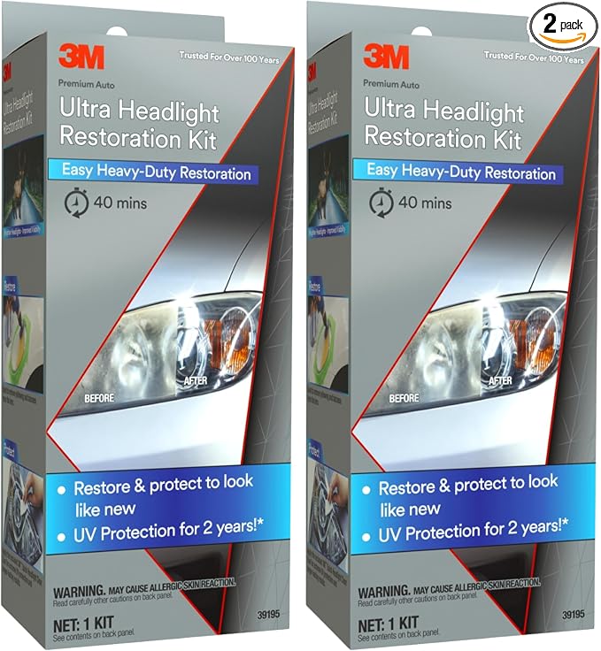 3M Ultra Headlight Restoration Kit 39195, 2 Pack (2 Kits), Removes Cloudy Yellowed Haze, 500/800/3000 Grit Sanding Discs + Clear Coat, For Plastic Lenses