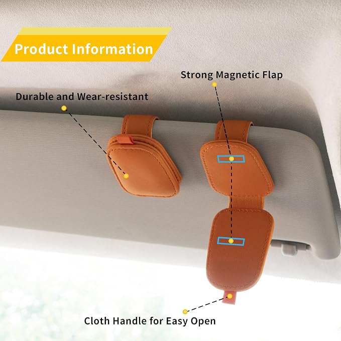 Yuoyar Magnetic Leather Sunglasses Holder for Car, 2 Packs (Orange) | Magnetic Car Visor Accessories