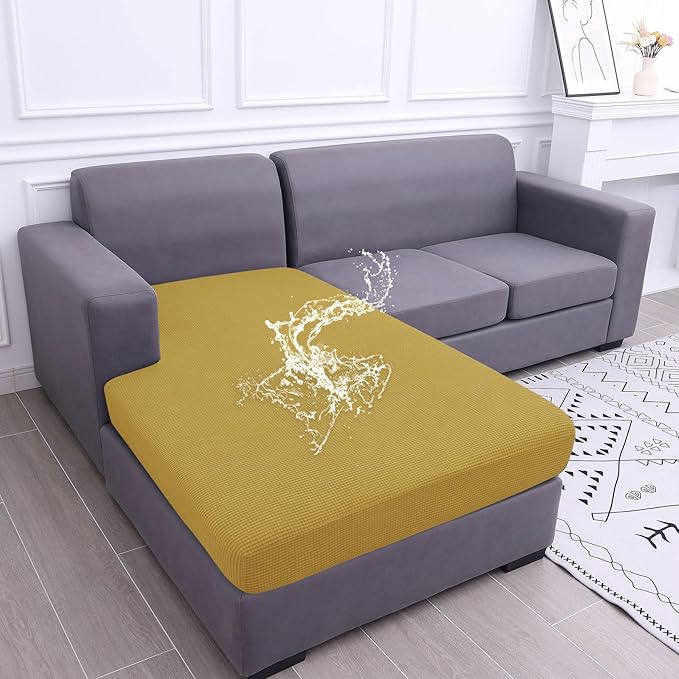 hyha Waterproof Couch Cushion Covers, Sectional Sofa Cushion Slipcovers L Shape, Thick Stretch Jacquard Fabric, Washable Chaise Lounge Cover with Elastic Bottom (1 Piece for Chaise, Ginger Yellow)