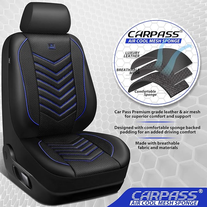 CAR PASS 3D Foam Mesh Leather Car Seat Covers Front Seats, Breathable Front Seat Cover for Cars, Comfortable Universal Fit for SUV Truck Sedan Automotive Anti-Slip Airbag Compatible, Black and Blue