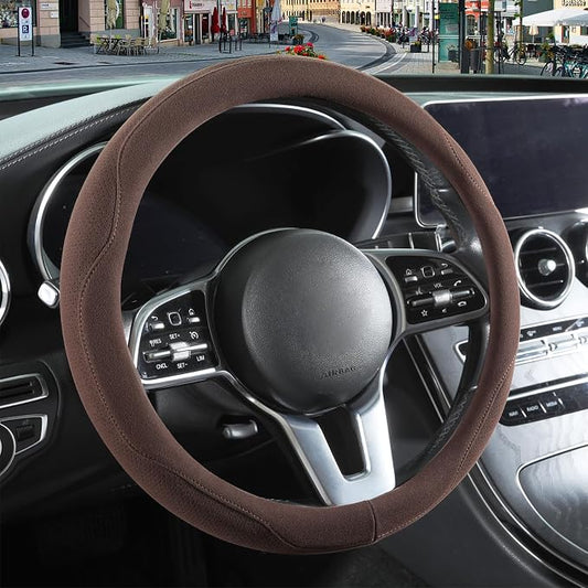 Brown Suede Steering Wheel Cover Small 13.5 inch to 14 inch | Warm in Winter and Cool in Summer, Felt Car Accessories, Breathable Non-Slip Sweat-Proof Wear-Resistant for Civic Prius