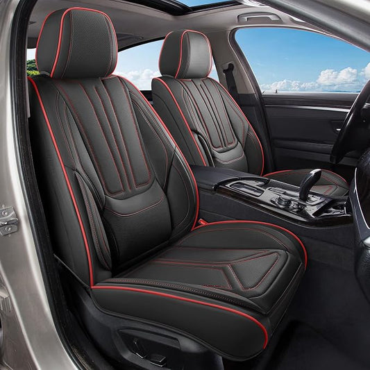 Car Seat Covers Full Set Black and Red line, Premium Leather Car Seat Covers, Waterproof and Breathable Seat Covers, Universal Car Seat Protector Fit for Cars, Trucks, SUVs, Pick-ups