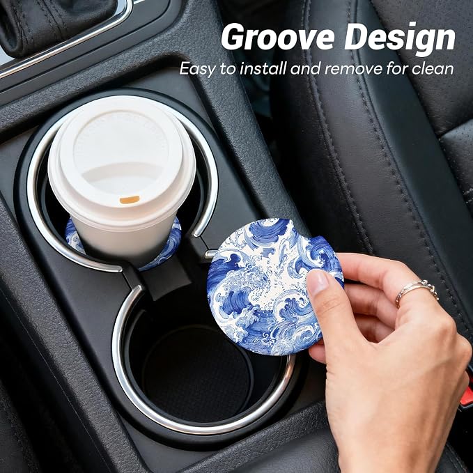 Car Cup Holder Ceramic Coasters 2 Pack, 2.56 in Anti Slip Absorbent Coaster with Cork Base and Finger Notch, Funny Cute Car Accessories Interior for Women, Sea Wave